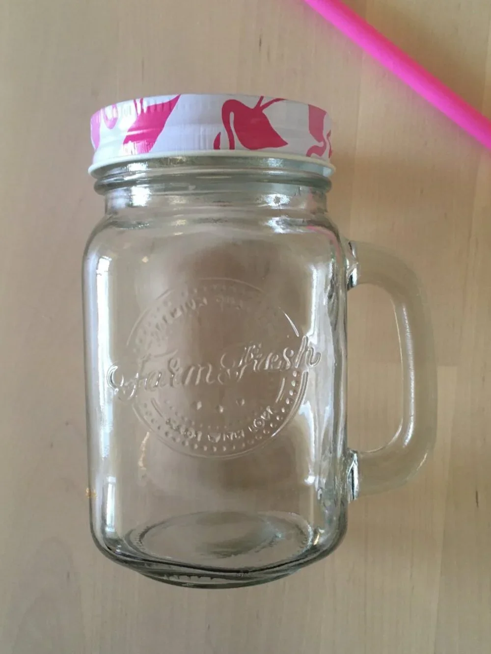 Mason Jar with Handle - Pink Flamingo Lid & Straw